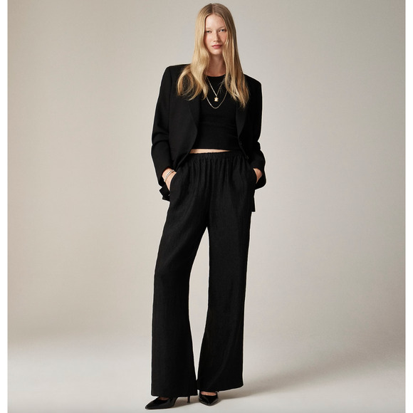 J.Crew Stratus Pant Textured Satin Acetate Pull On Pockets Black Relaxed L NWT - Picture 1 of 12